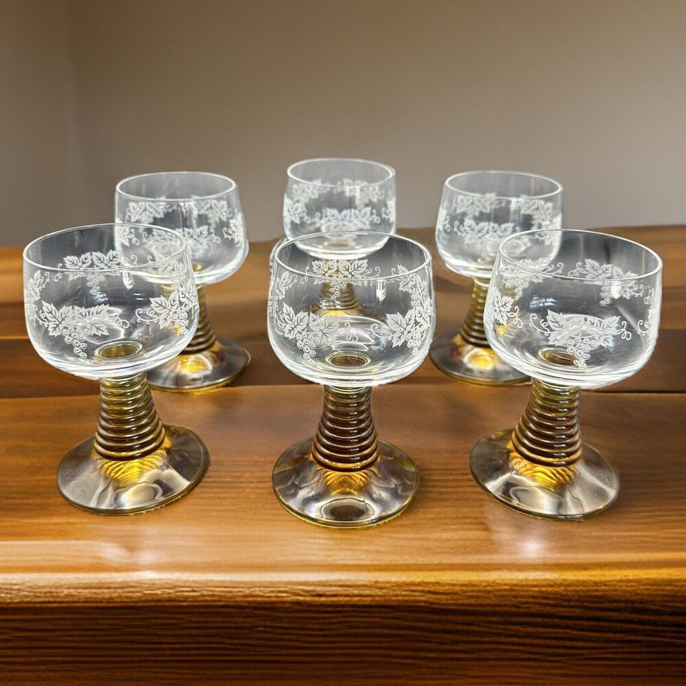 Schott-Zwiesel Etched Grapes Amber Beehive Stem Wine Glasses Set of 6 1970s
